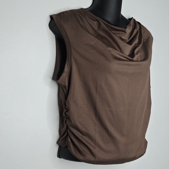 JS Jinkesi Women Large Brown Draped Cowl Neck Shirt Top Blouse Sleeveless Ruched - Picture 2 of 6